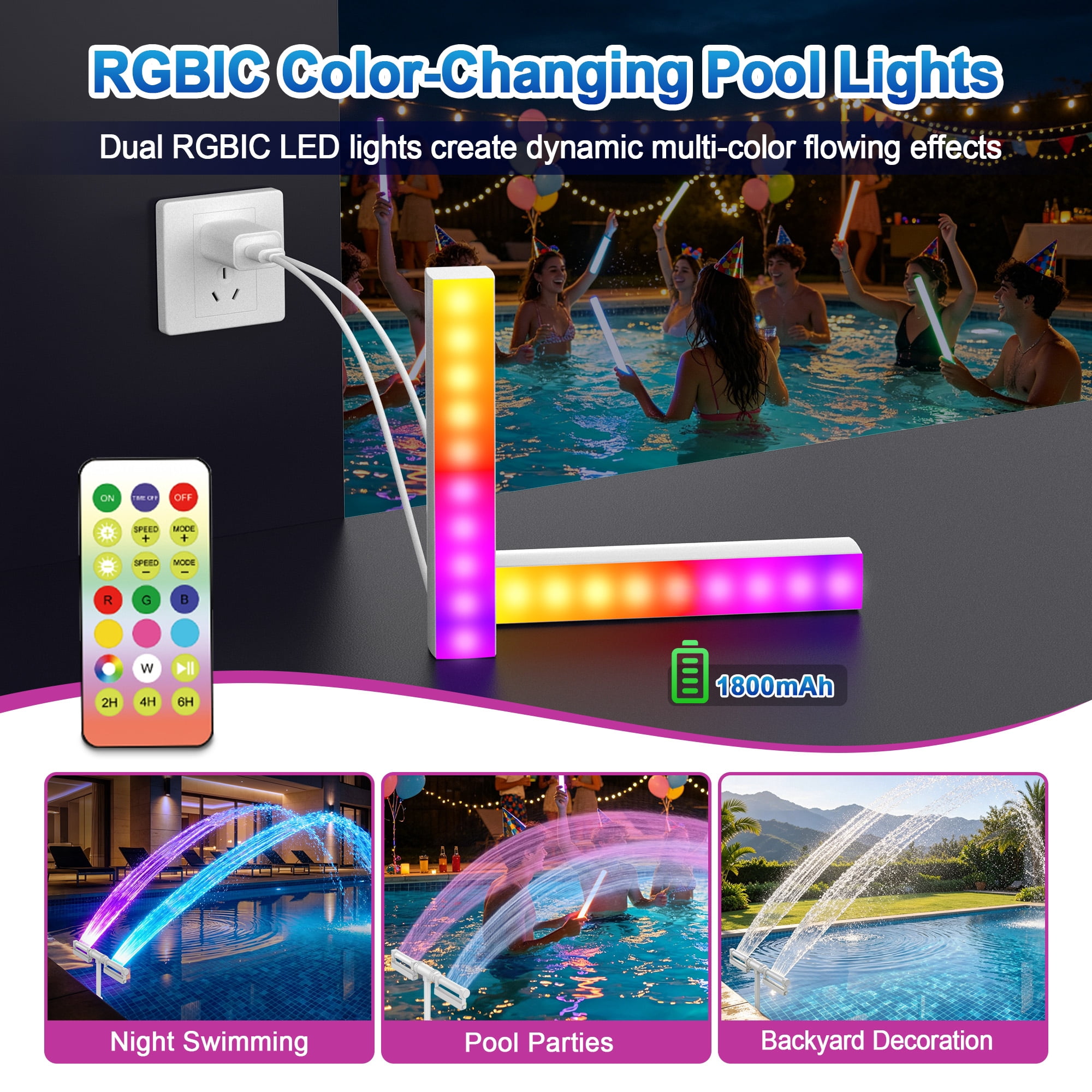LED Pool Fountain with Dual Lights, Rechargeable 18650 Battery, Return Jet Pool Waterfall for Above Ground & Inground Pools, Adjustable Pressure Sprayer with Remote Control, RGB Color Changing
