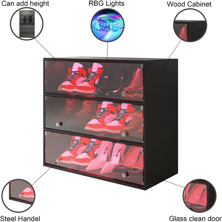 Holaki Wooden Enclosed 3 Layer Shoe Storage Cabinet with RGB LED Light Black Walmart