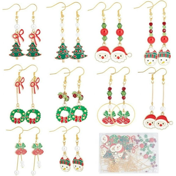 Christmas Earring Making Kit Including Glass Beads Santa Claus & Tree & Bowknot & Snowman Alloy Enamel Pendants Brass Earring Hooks Mixed Color 194pcs/box