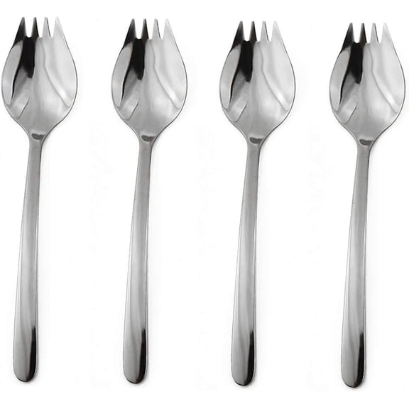 4 Pcs Silver Spork for Household Use Camping Travel Hiking, 18/10 Stainless Steel Spoon Fork, Noodles Appetizer Dessert Spoon, Healthy & Eco-Friendly Silverware Set, 8.26-inch w/Portable Bag