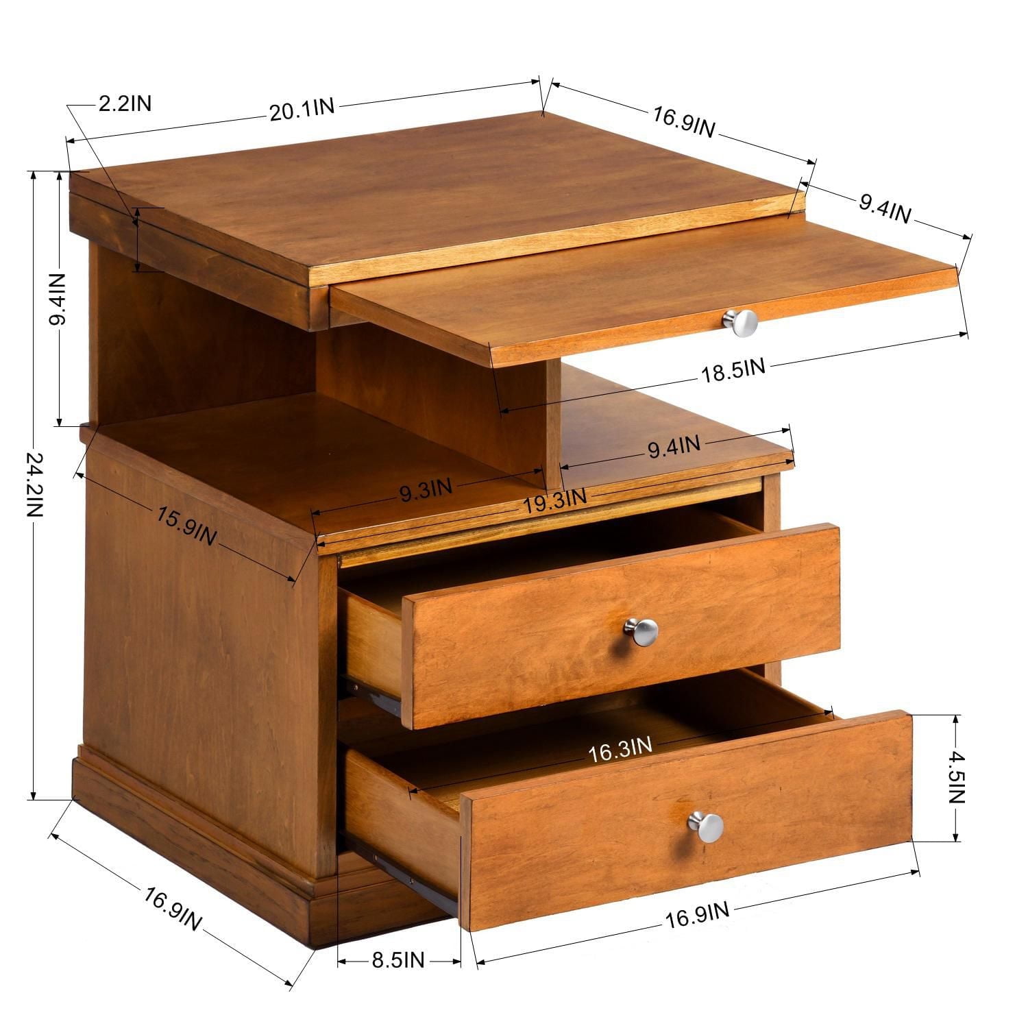 Homylin Wooden Nightstand with 2 Drawers and Open Shelf, 20" Sofa Side Table Extendable Top End Table Accent Table for Living Room, Bedroom, Small Spaces - Brown