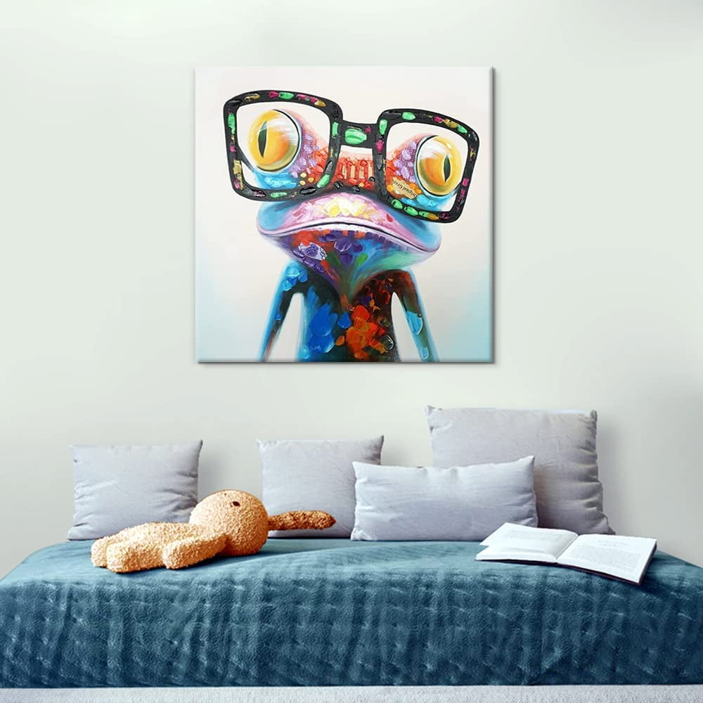 手書き油絵 glasses frog 額付 絵画 インテリア 油彩画 絵画