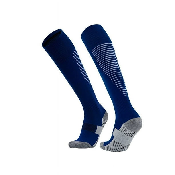 Xiao Hua Calcetines de fútbol antideslizantes hasta la rodilla para adultos, largos, a rayas, para hombre y mujer (azul oscuro)