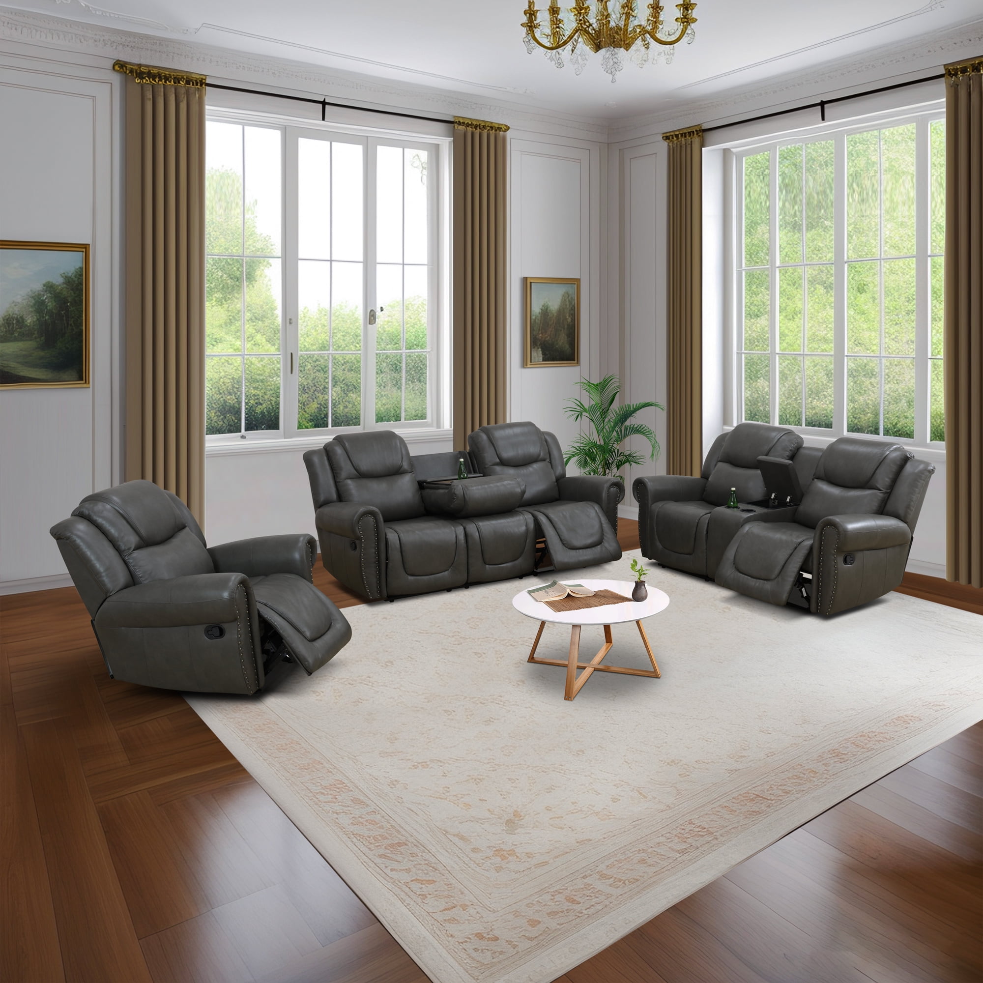 Aukfa 86" Triple Recliner Chair Oversized Loveseat RV Sofa w/ Cupholder, Home Theater Seating, Leather, Gray