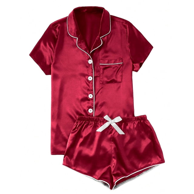 Mefallenssiah Femmes Satin Casual Home Bouton Ensemble Pyjama