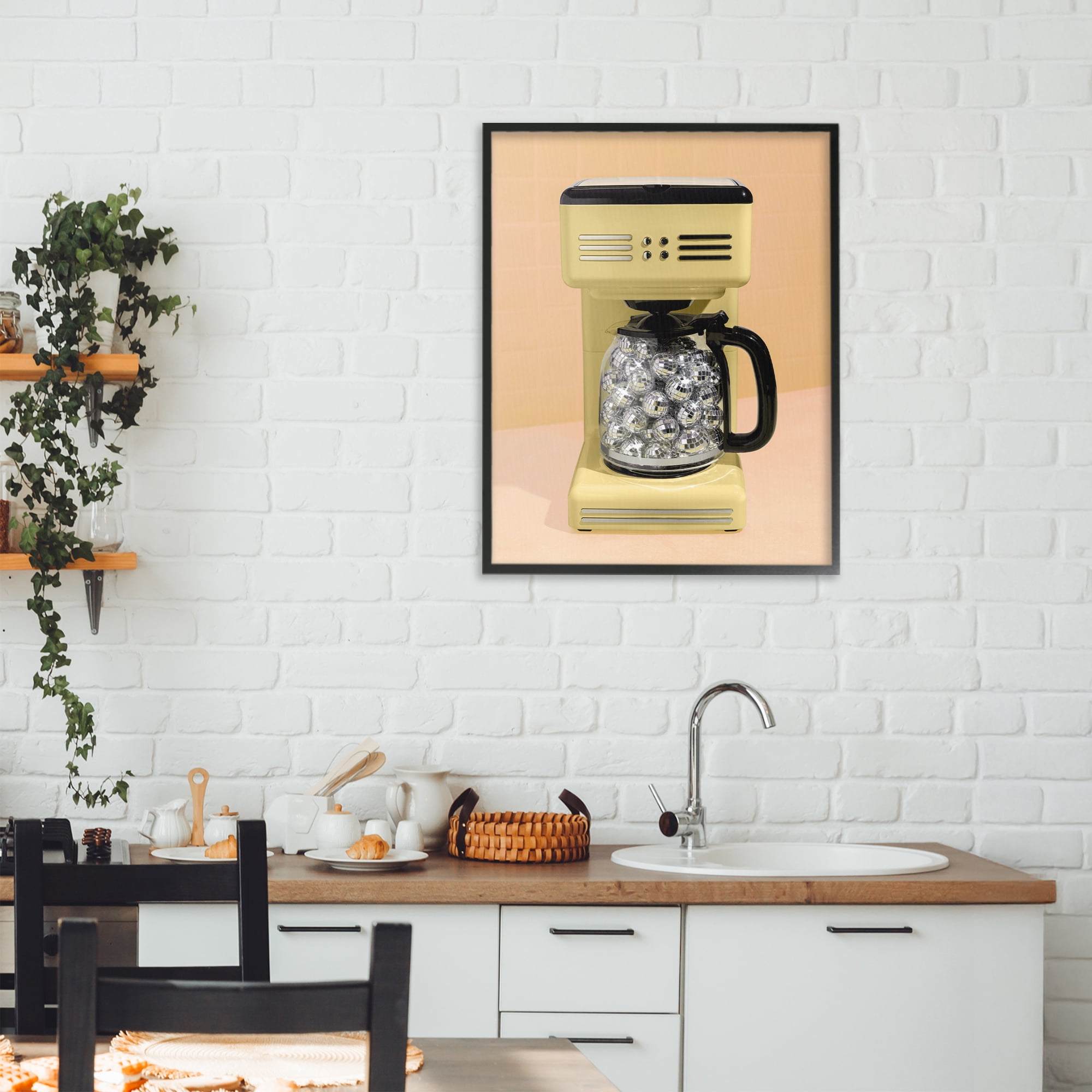 Stupell Industries Disco Coffee Maker over Yellow Black Framed Giclee Art, design by LISH Creative