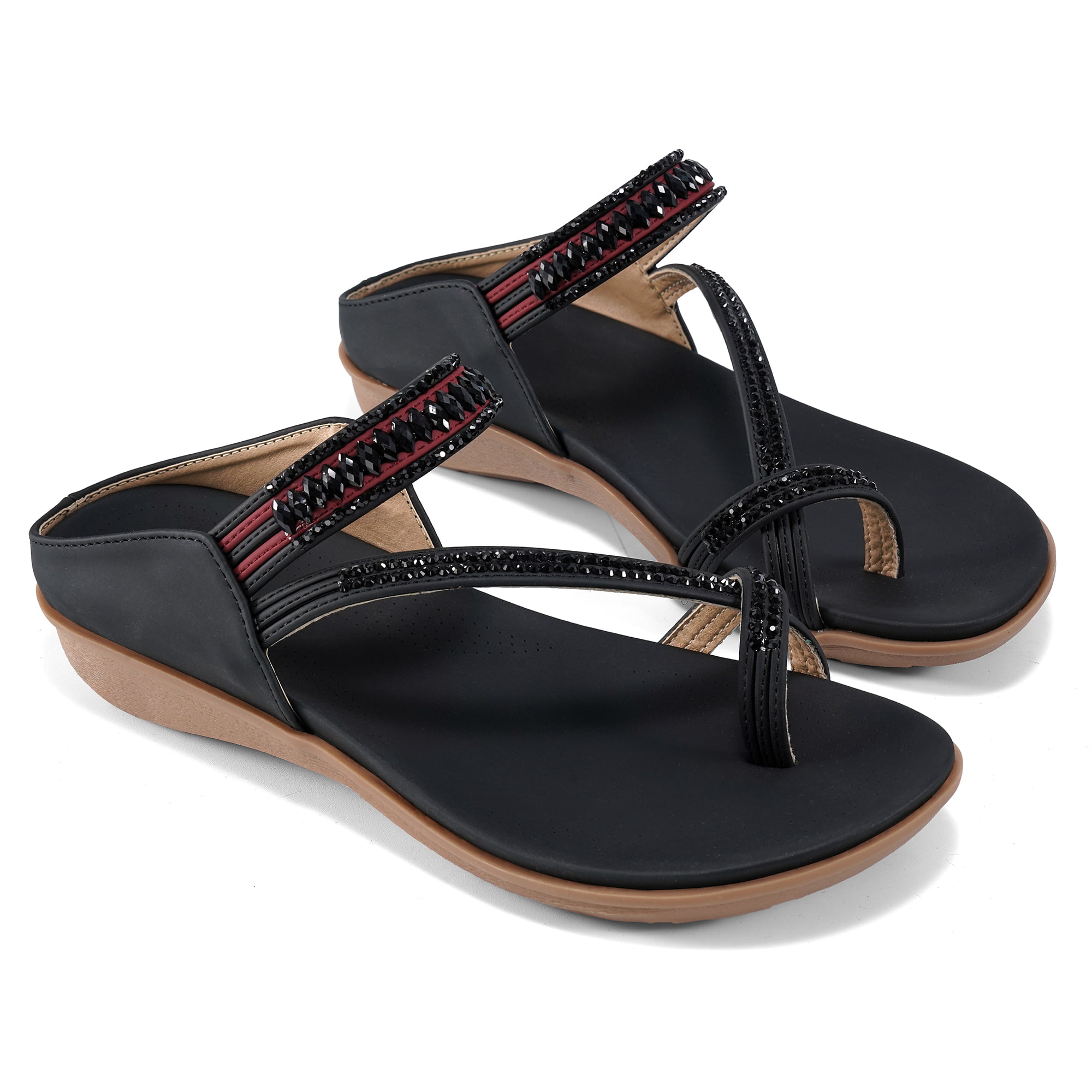 Third Fresh Womens Sandals Summer Bohemian Rhinestone Beach Shoes Comfortable flip Flops Womens Shoes,Apricot 