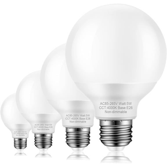 PLUHKN-4 Pack Bathroom Light Bulbs, 60 watt Equivalent, Natural Daylight White, E26 Medium Base, G25 LED Globe Light Bulbs for Bathroom Vanity, 4000K Round Light Bulb over Mirror, 120V, Non-dimmable