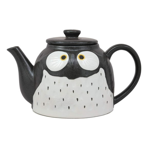 Whimsical Fat Black Owl Ceramic 52oz Large Tea Pot With Built In Strainer Spout