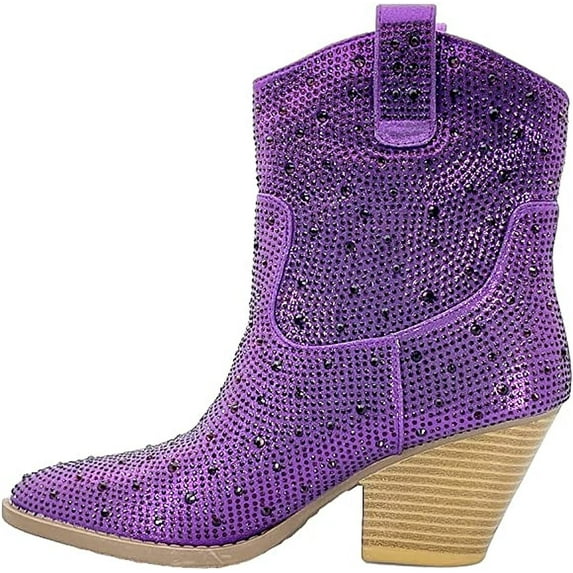Forever Women Cowgirl Cowboy Western Ankle Boots Pointy Toe Rhinestone Bling Short Booties RIVER-01 Purple 11