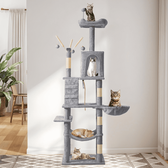 Uforic 64.5" Multi-Level Cat Tree Tower with Hammock and Scratching Posts, Gray
