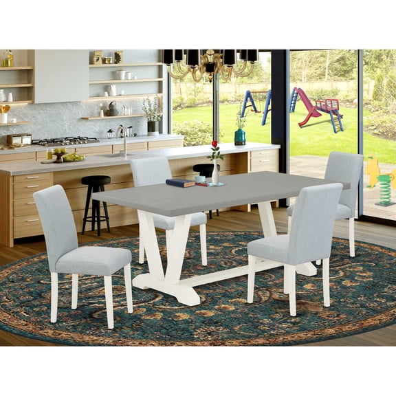 East West Furniture 5-Pc Modern Dining Table Set Includes 4 Mid Century Dining Chairs with Upholstered Seat and High Back and a Rectangular Breakfast Table - Linen White Finish