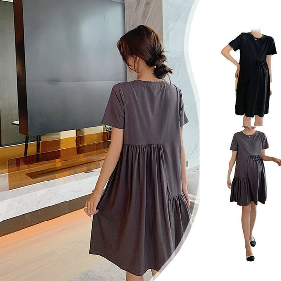 Jinhomg Women's Midi Maternity Dress Loose Comfy Short Sleeve Pleated Dresses Fall Casual Lightweight Solid Pregnancy Dresses Black L