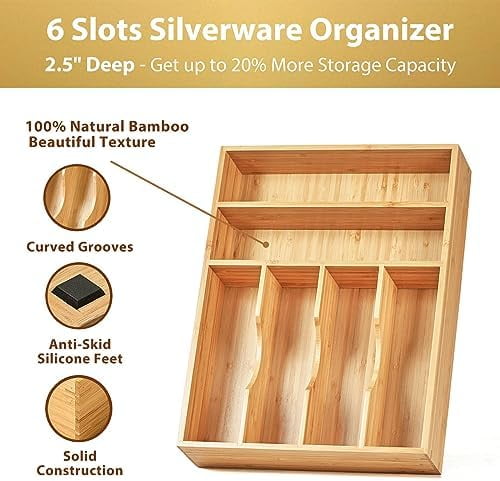 Kitchen Drawer Organizer, 12 Inch Silverware Utensil Tray Holder, Extra Deep, with Non-Slip Feet & Grooved Drawer Divider, 6 Slots Total Bamboo Wood Caddy for Flatware Cutlery Knives