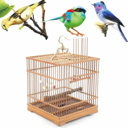 Miumaeov Square Retro Bamboo Cockatiel Bird Cage Home 2 Food Bowl Durable