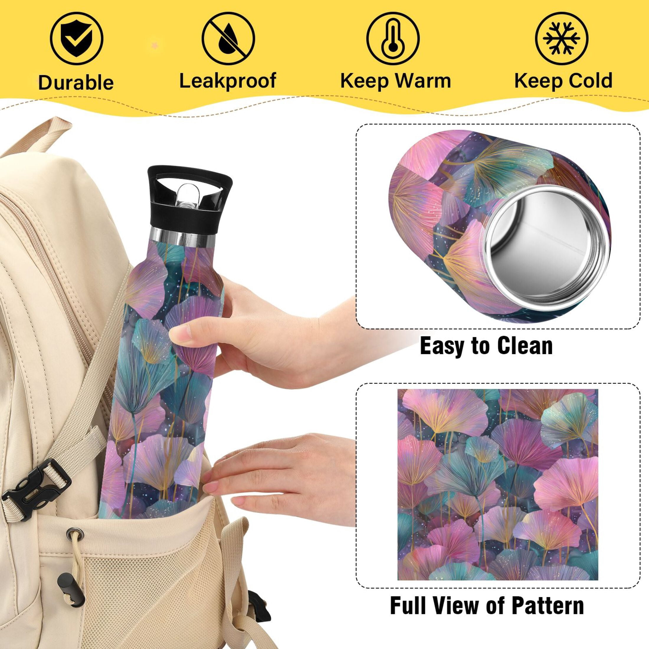 600ML Stainless Steel Insulated Cup Sports Water Bottle Portable Thermos Cup Water Glasses Insulated Tumblers Convenient and Durable Pink Leaves