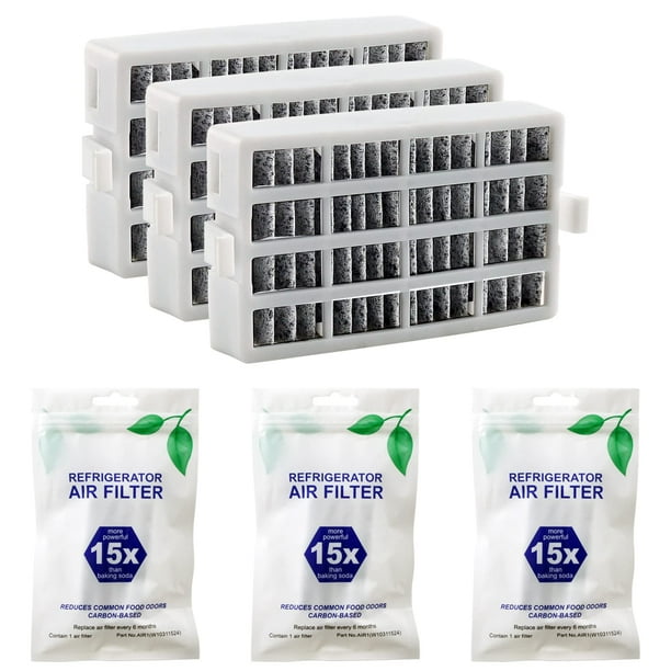 W10311524 AIR1 Cartucho de filtro de aire para refrigerador Whirlpool Kenmore compatible con filtro de aire para refrigerador Fresh Flow, paquete de 3, blanco