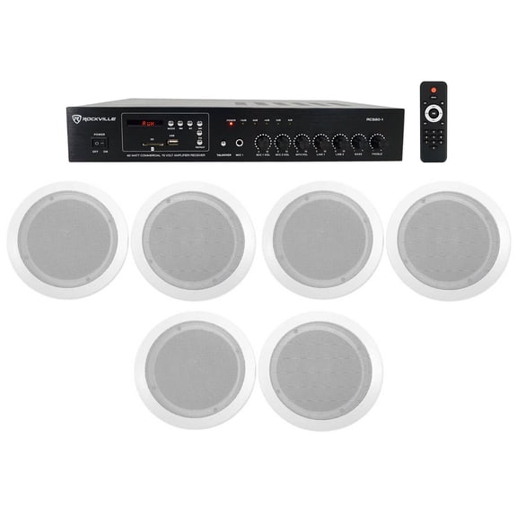 Rockville Commercial Amplifier 6) 6.5" 2-Way White Ceiling Speakers 4 Restaurant