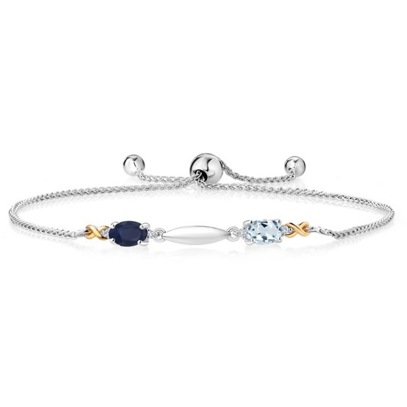 Gem Stone King 1.10 Ct Blue Sapphire Sky Blue Aquamarine 925 Silver and 10K Yellow Gold Lab Grown Diamond Bracelet for Women