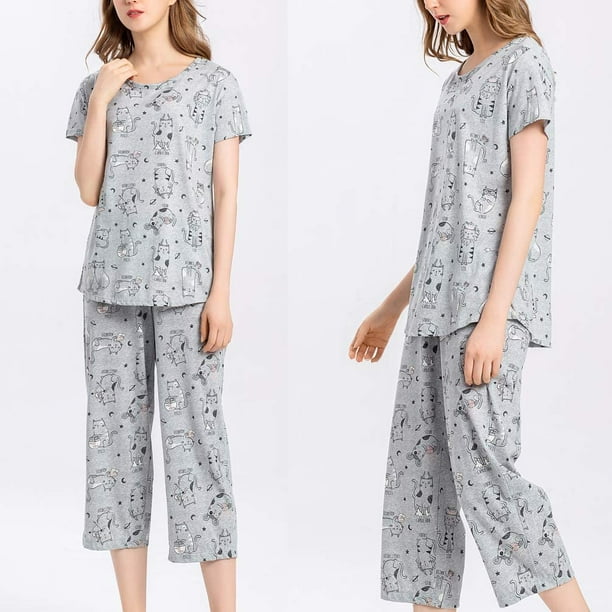 ENJOYNIGHT Women's Pajama Sets cotton Sleepwear Tops with Capri Pants Cute  Pjs (Black Cat,Small) at  Women's Clothing store