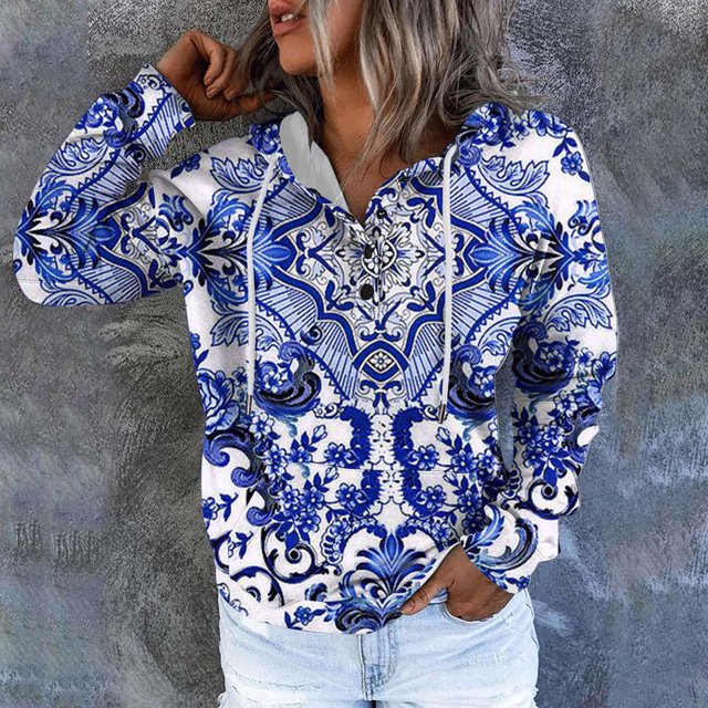 ICHUANYI Clearance Women's Fashion Printed Pocket Long Sleeve Blouse Casual Tops Sweatershirt Button Hoodies(Navy, L) ICHUANYI WER2023081511825