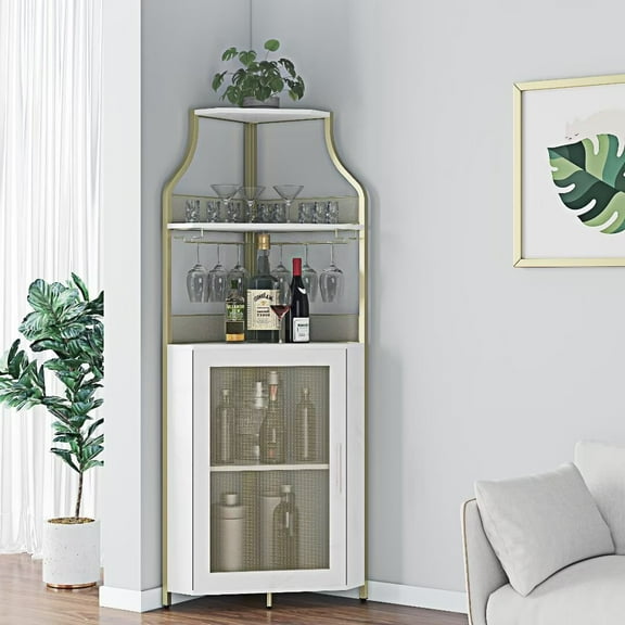 Corner Bar Cabinet, Wine Bar Cabinet with Large Storage & Detachable Wine Rack & Glass Holder and Mesh Door for Dining Room, Kitchen, Gold