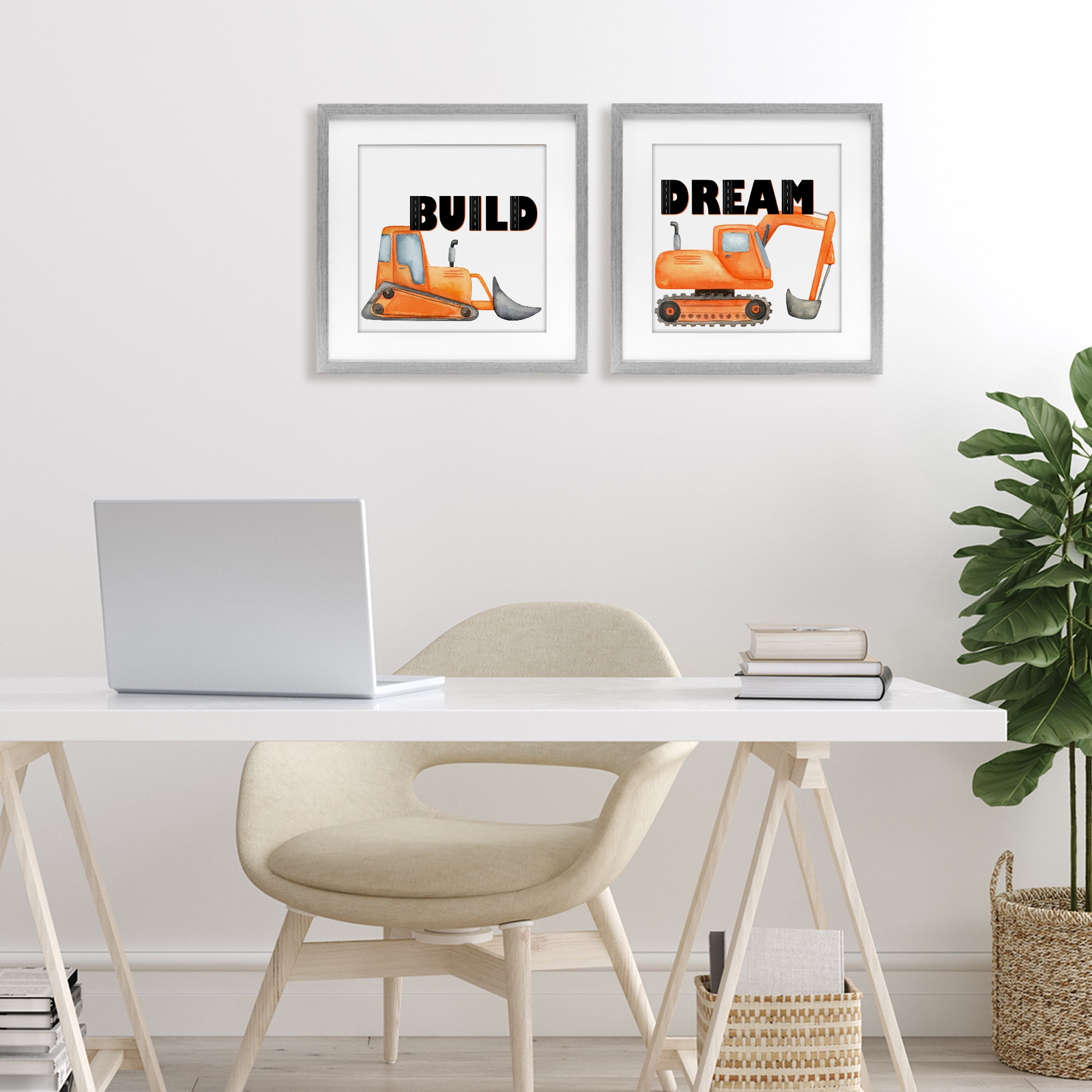 Build & Dream Construction Vehicles 2 Piece Gray Framed Print Under Glass Set, design by Kim Allen