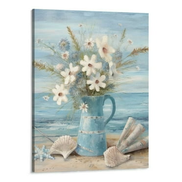 Shiartex Beach Wall Art for Living Room Blue Ocean Theme Canvas Print Modern Abstract Coastal Picture Seascape Painting Daisy Flower in Indian Vase Framed Artwork for Seaside Bedroom Office 16x20 Inch