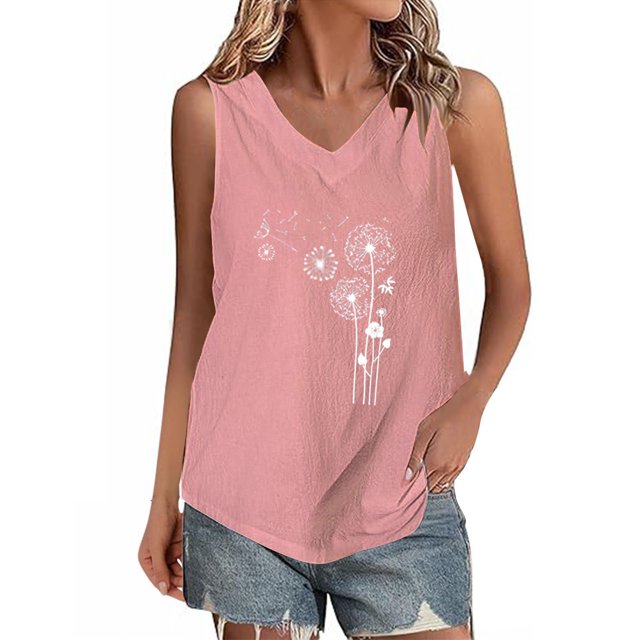 Tops de Lino para las Mujeres Pequeña Impresión Cuello Redondo Botón Arriba Manga Corta, Tops Cortos para las Mujeres