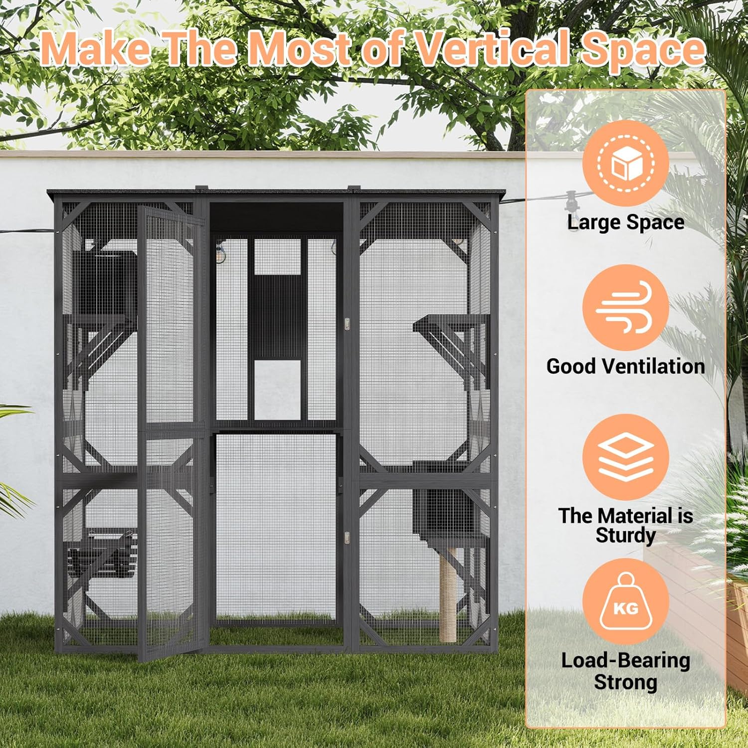 LIZHOUMIL 70" Catio Enclosure, Wooden Outdoor Cat House w/Asphalt Roof, Multi-Level