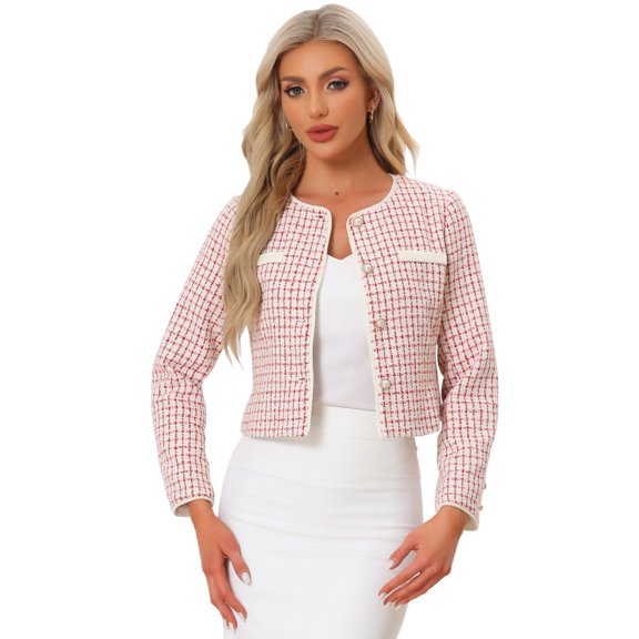 Unique Bargains Tweed Jacket for Women Round Neck Button Front Closure Long Sleeve XL Red White