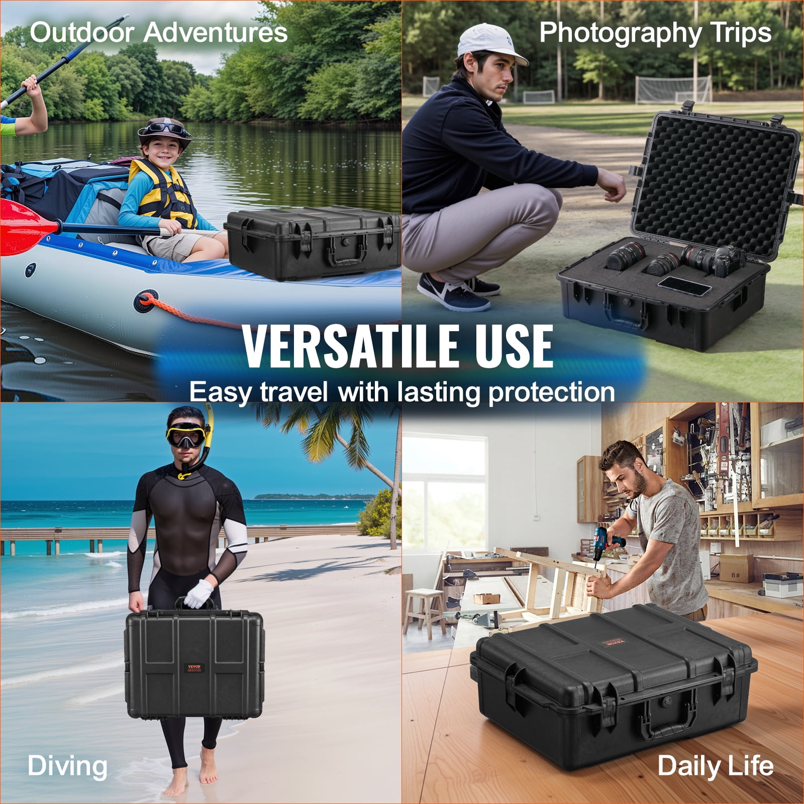 VEVOR Weatherproof Hard Case, Heavy Duty Protective Dry Box Case with Pre-cut Foam, and Retractable Pull Handles for Travel, Hunting, Military, Tactical, IP67 Waterproof Case for Cameras (56.1x37x26)