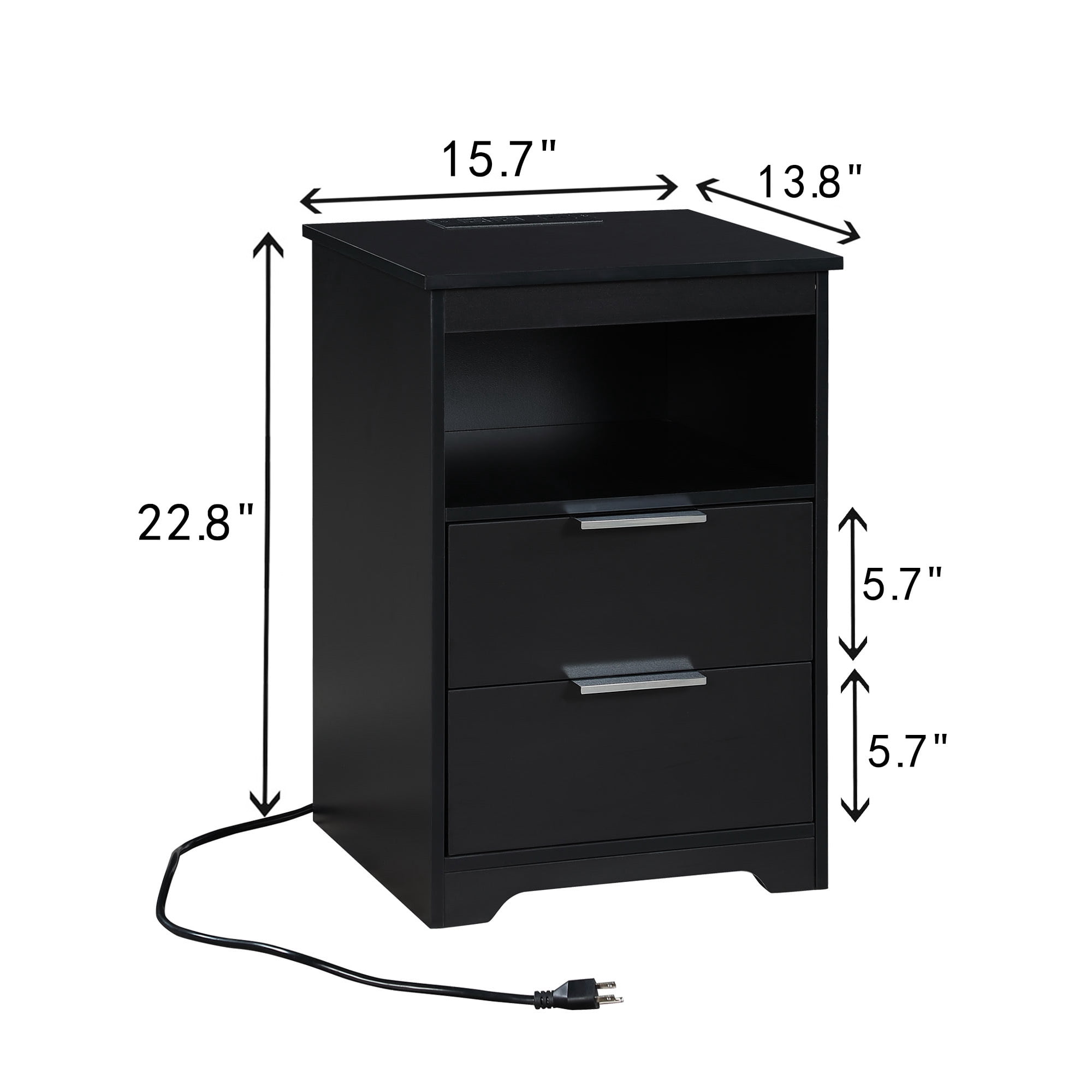 2 Drawer Small Nightstand with Charging Station,Wooden End Table with Drawer and Opening Shelf,Side Table for Bedroom Living Room Dorm Office,Black