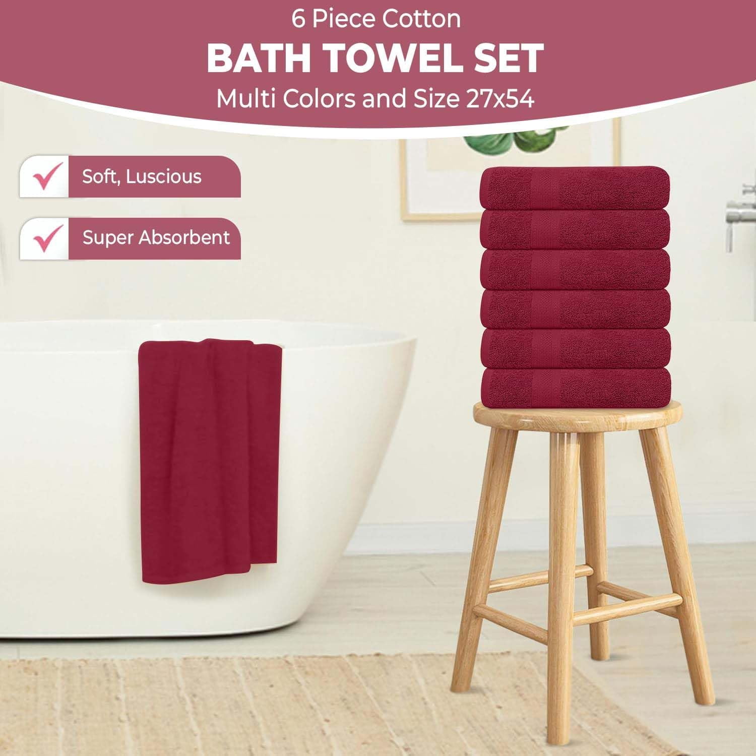 Pack of 6 Bath Towels 27 x 54 Inches, 100% Cotton, Larger & Lighter Weight, Quicker to Dry, Super Soft and Absorbent, Perfect for Bathroom (Burgundy, Pack of 6 (27''x54''))