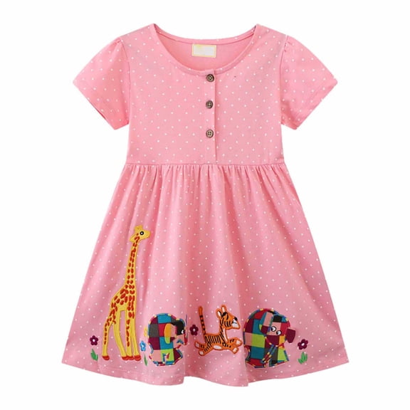 WOYY Toddler Girls Animal Embroidery Short Sleeve Dress Cotton Casual Summer Dress, Sizes 1-2