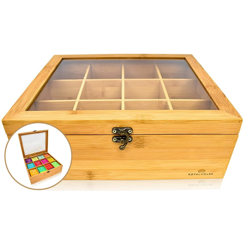 Natural Bamboo Box Tea Organizer For tea Bags 12 Compartment Tea Bag