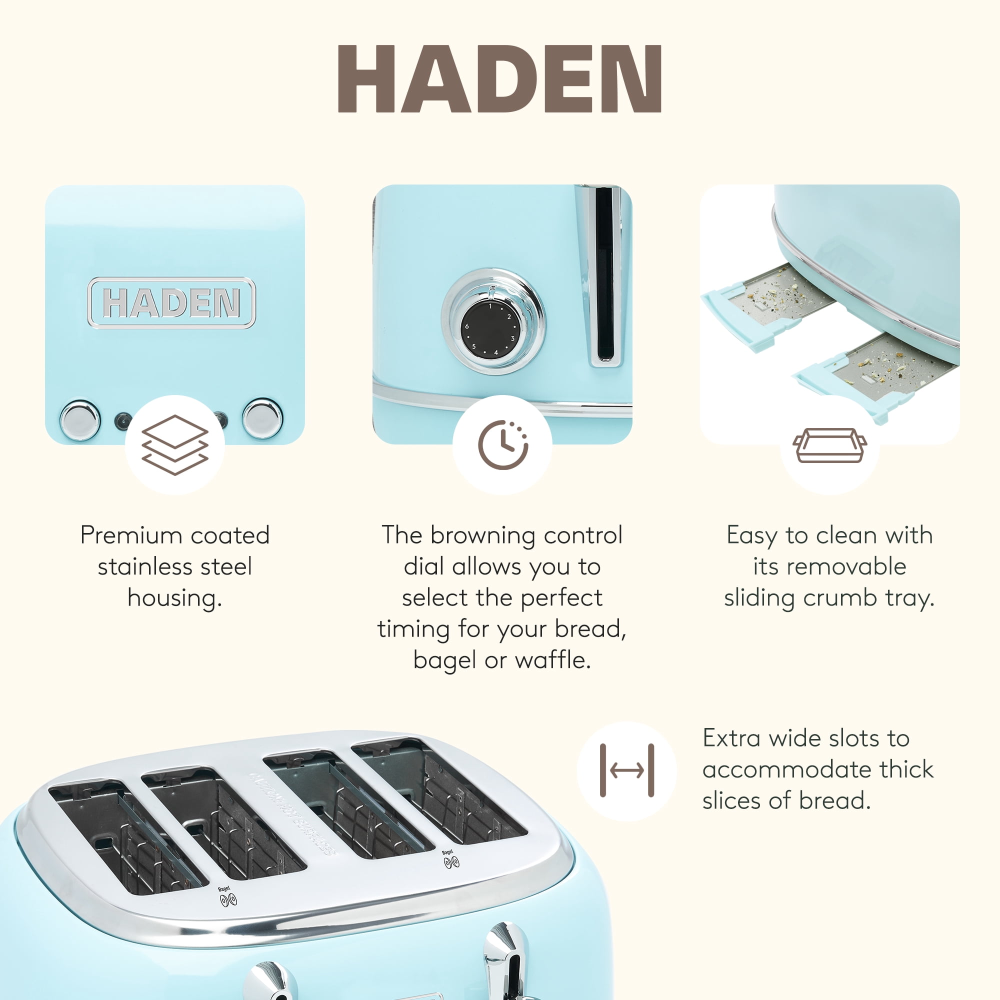 Haden Heritage 4 Slice Wide Toaster & Electric Kettle, Turquoise & Chrome