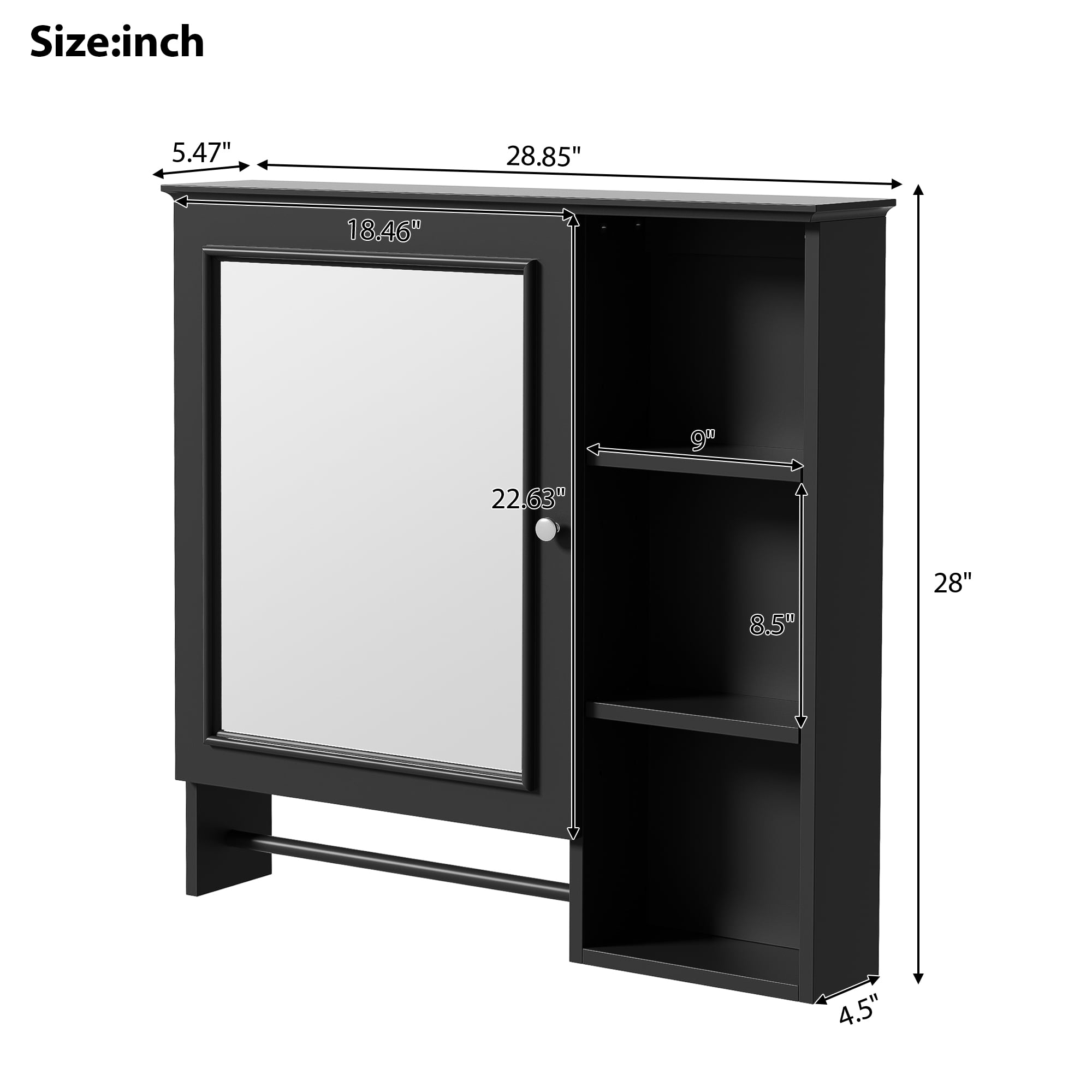 Euroco Wall Mounted Bathroom Storage Cabinet, Medicine Cabinets with large mirror door, adjustable shelves and three open storage levels(Not Include Bathroom Vanity )