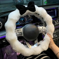 Plush Car Steering Wheel Cover Cute Bow Steering Wheel Protector for Women, Soft Non-Slip Car Interior Accessories, White Black Bow