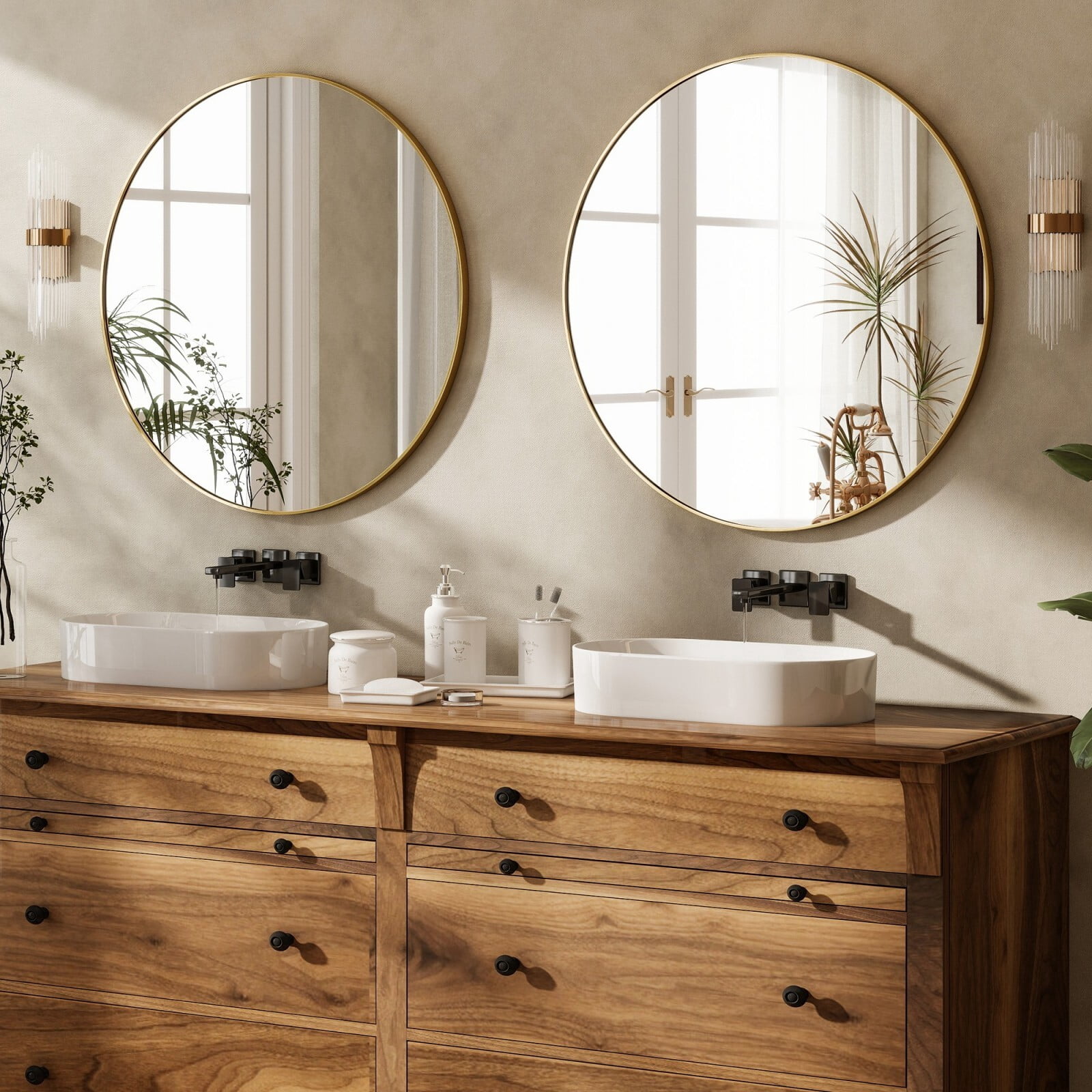 Easy4Home 24 Inch Round Wall Mirror Aluminum Alloy Framed Circle Bathroom Mirror Wall Mounted, Gold
