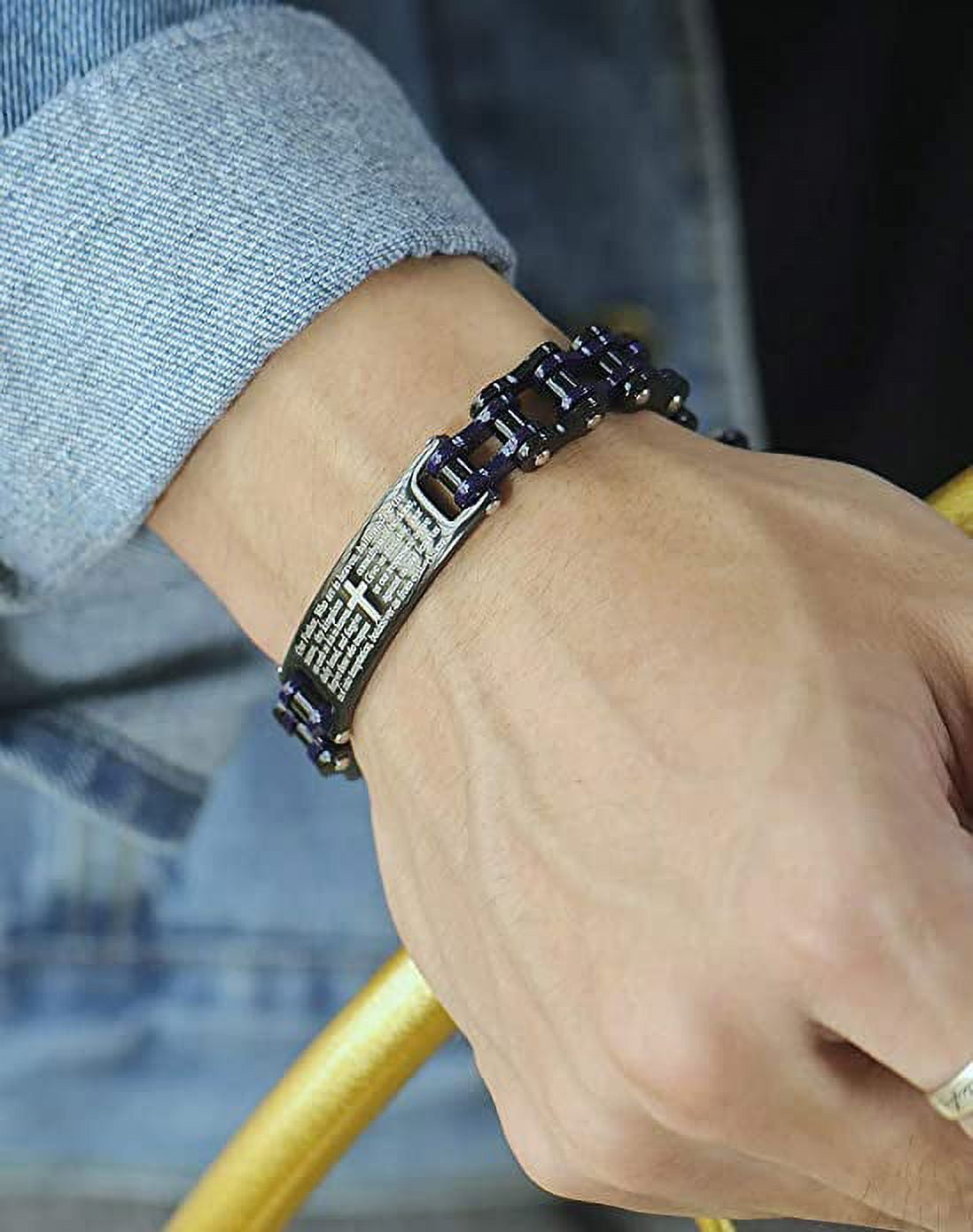 Mens Motorcycle Bike Link Chain Lord's Prayer English Christian Cross Bracelet Size 8 Inch or Size 9 Inch (Blue, 8 Inch)