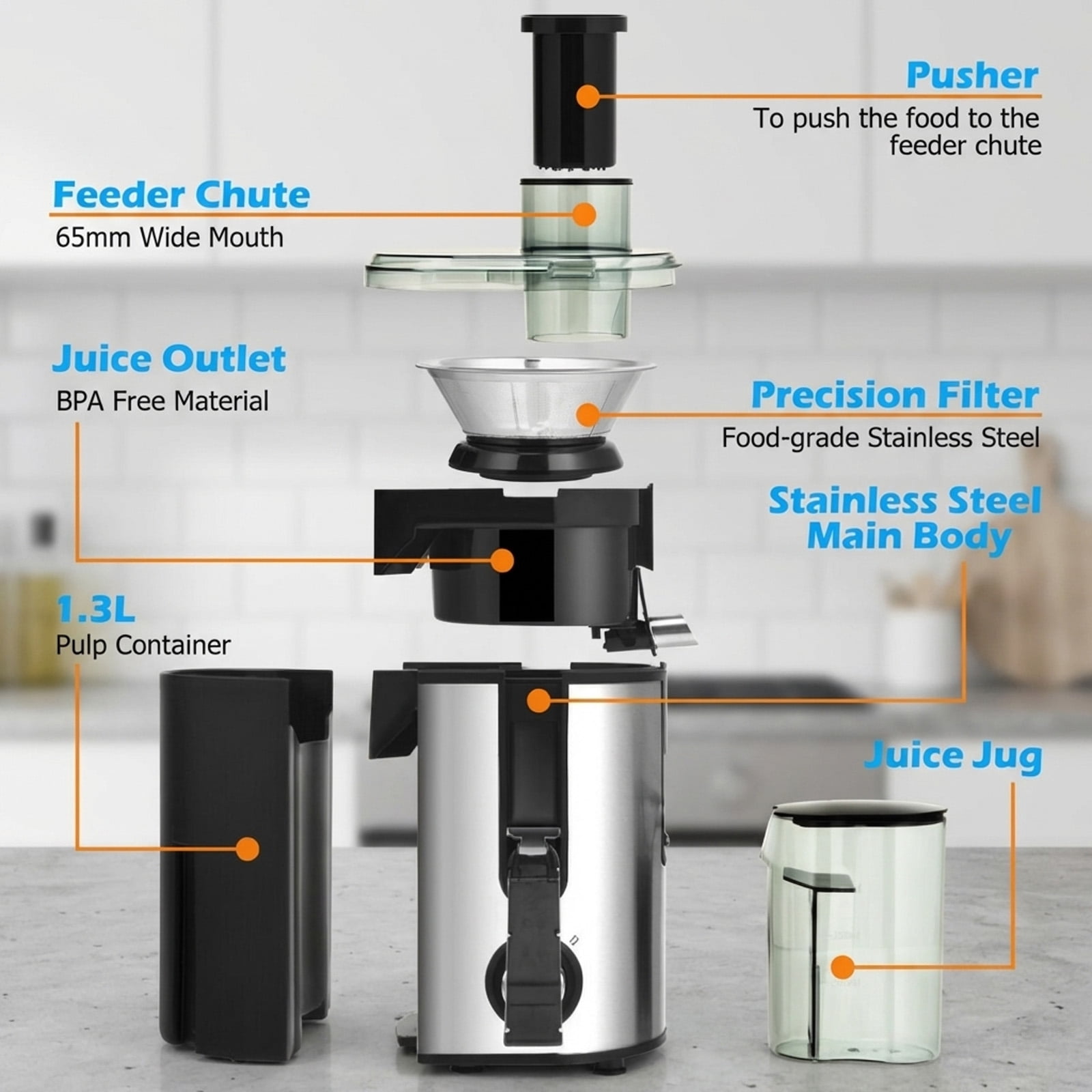 RUIE Juicer Machine,400W Centrifugal Juice Extractor with 2.5 Inch Wide Chute and Dual Speed,Anti-Drip Design,Non-Slip Pads,Juicer for Fruits Vegetables Home Kitchen
