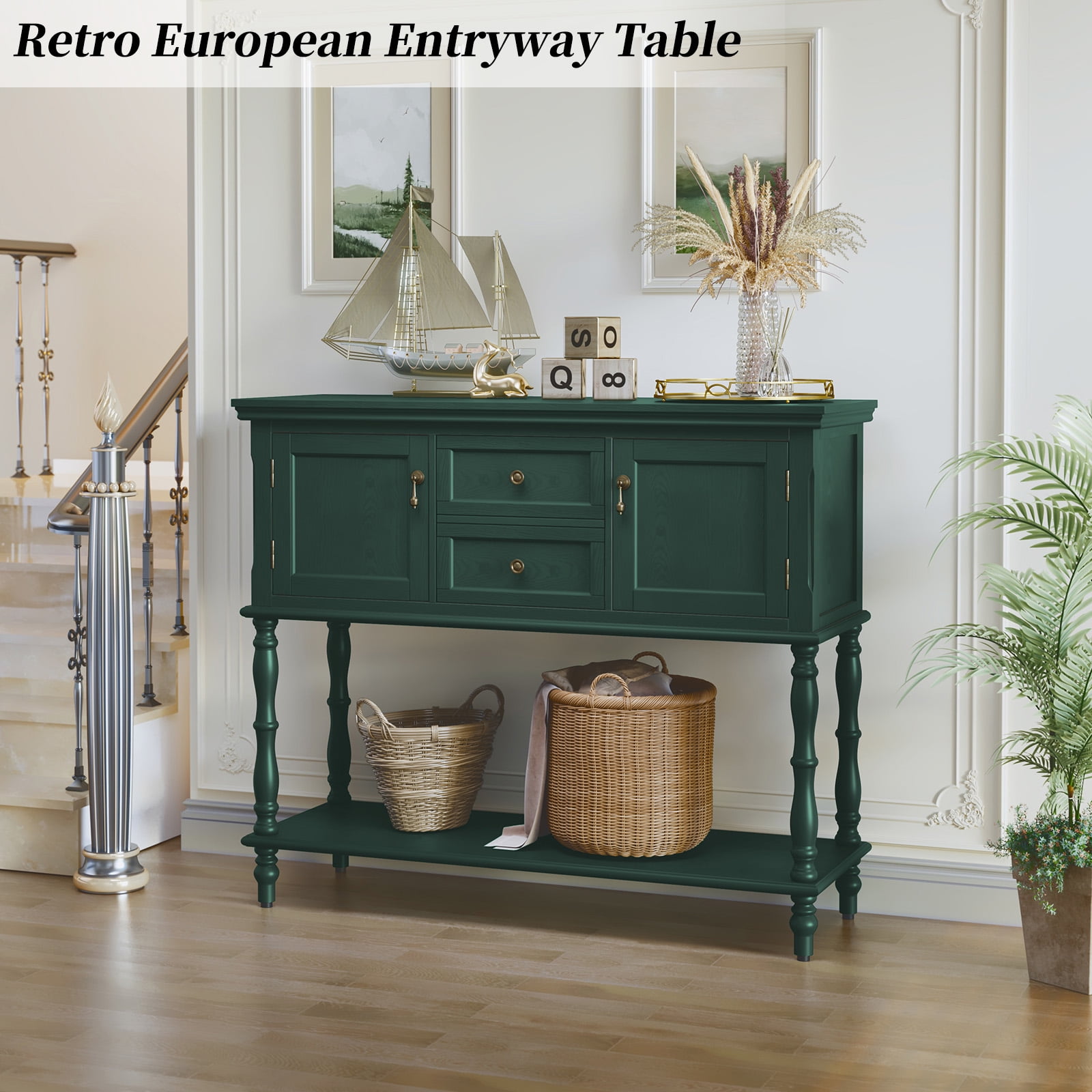 HLR 42" Farmhouse Modern Console Table, Entryway Table with Storage Shelf for Living Room, Green