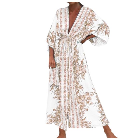 PuLe Summer Dress Dress for Women 2024 Summer Casual V-Neck 3/4 Bell Sleeves Lace Up Vintage Dress Trendy Beach Swimwear Cover Ups 