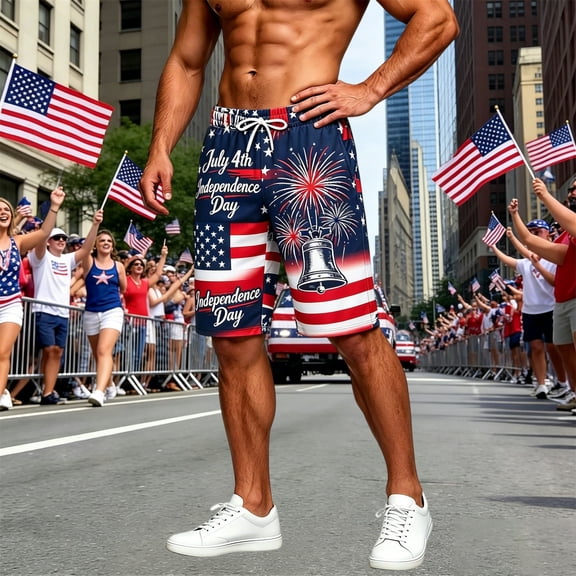 FASHOFT Beach Shorts for Men American Flag Print USA Patriotic 4th of July Board Short Summer Poor Trunks Navy L