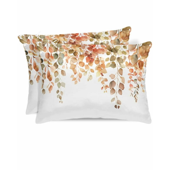 Hokiten King Size Pillow Cases Set of 2, Pillow Covers for Bed, Orange Botanical Satin Pillowcases with Zipper for Hair/Skin, Pillow Protector Cover, Watercolor Leaf Fall Thanksgiving 20x36 Inches