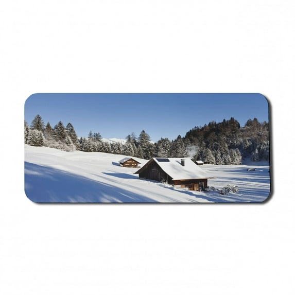 Winter Computer Mouse Pad, Log Cabins in the Mountains Sunny Winter Day Rural Scene Holiday Vacation, Rectangle Non-Slip Rubber Mousepad X-Large, 35" x 15" Gaming Size, Blue Brown White, by Ambesonne