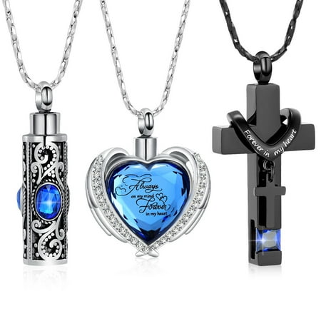 3 Pack Urn Necklace for Ashes, Cremation Jewelry for Ashes, Crystal Heart Cross Cubic Ashes Necklace Ashes Keepsake for Men/Women Urn Necklace