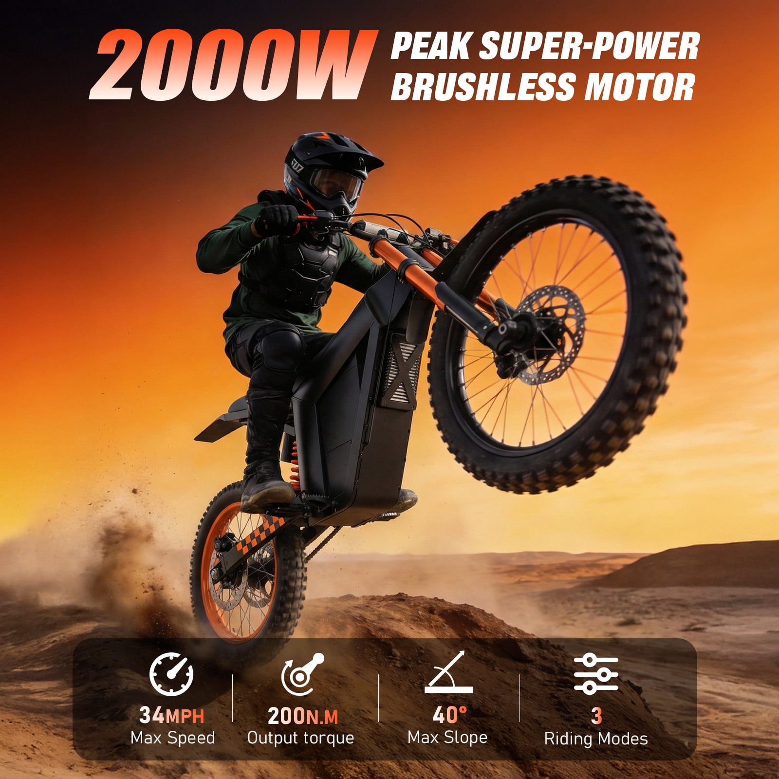 Electric Dirt Bike, 2000W, 34.2MPH & 28 Miles, 48V/20.8AH Removable Battery, 14"/12" Tire, Hydraulic Brakes & Full Suspension, Mountain Off-Road E Dirt Bike