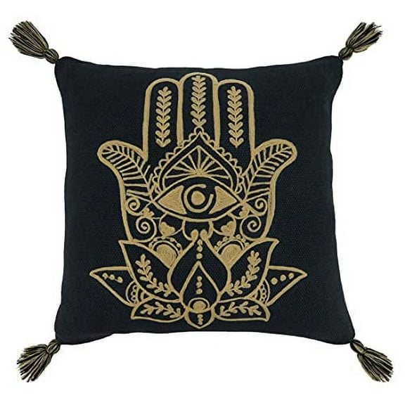 Fennco Styles Hamsa Hand Embroidered Tassel Cotton Decorative Throw Pillow Cover 20" W x 20" L – Black Square Cushion Case for Home, Couch, Sofa, Bedroom, Office Décor and Special Occasion